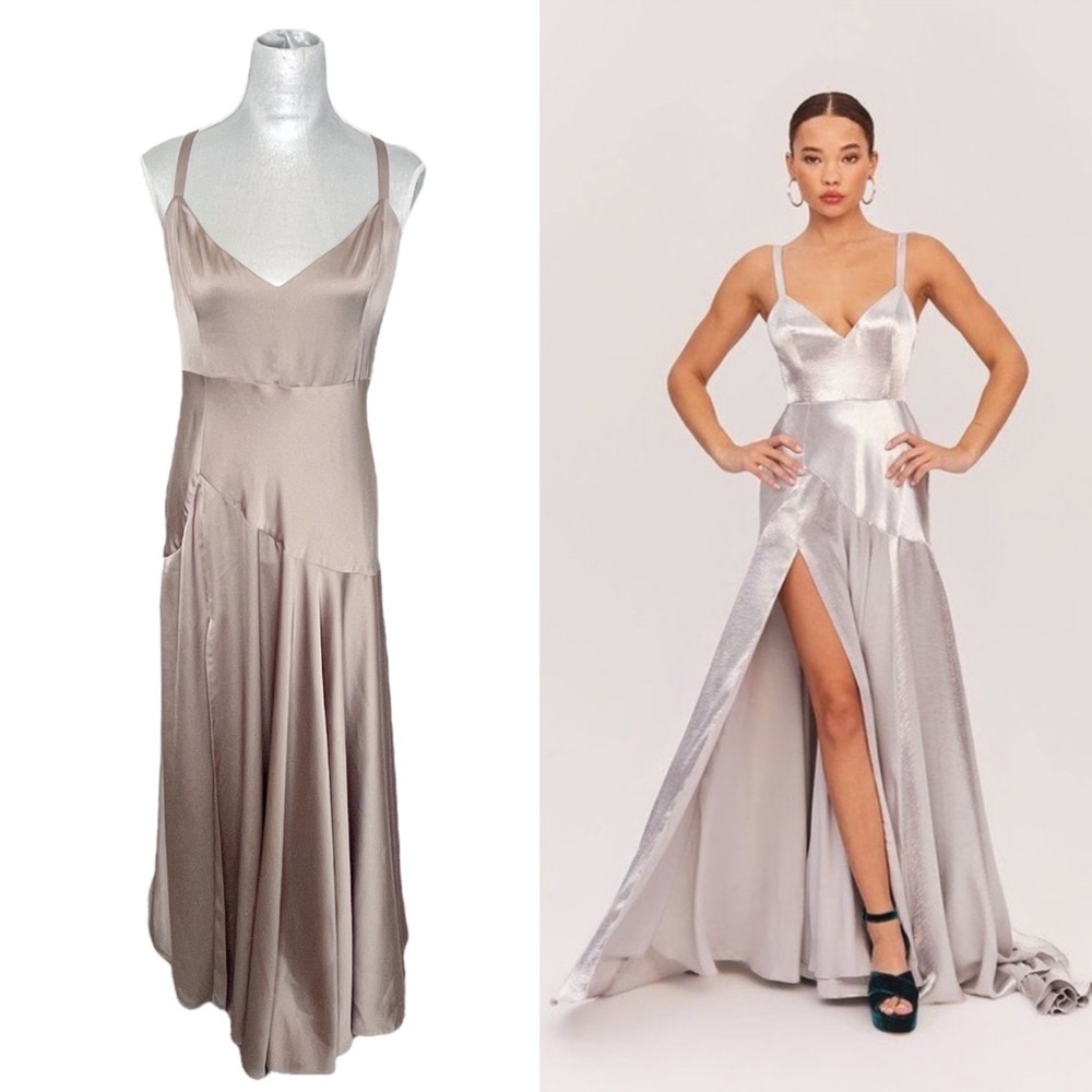 Fame and Partners Kiev Satin Thigh High Slit Formal Gown Dress Champagne Tan 14